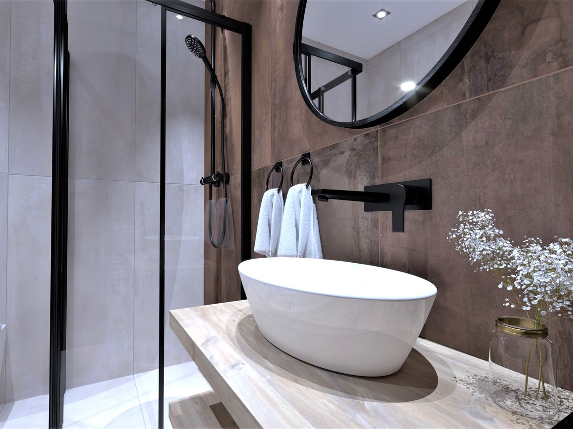 3D návrh malé moderní koupelny v industriálním stylu