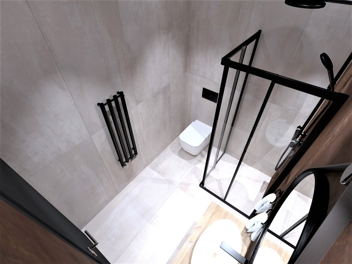 3D návrh malé moderní koupelny - velkoformátová dlažba Interno 9 v imitaci kovu