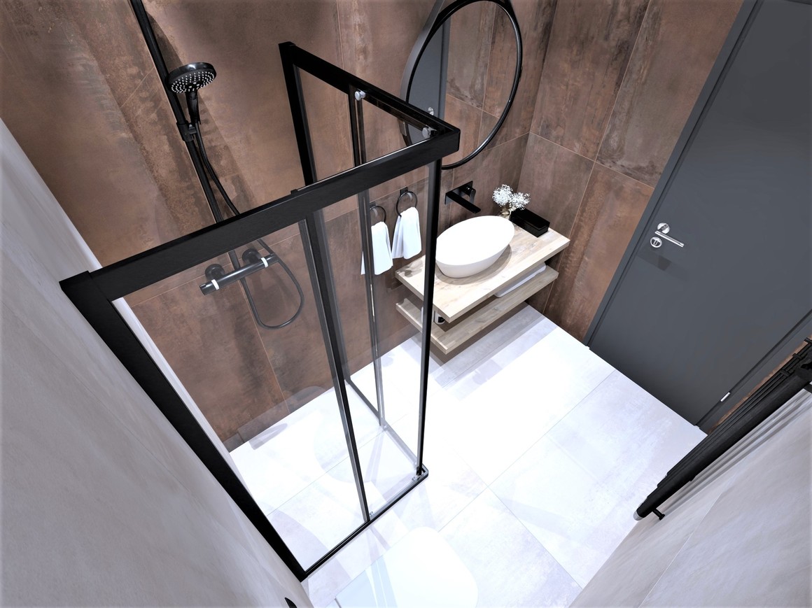 3D návrh malé moderní koupelny – velkoformátové obklady v imitaci kovu Interno 9