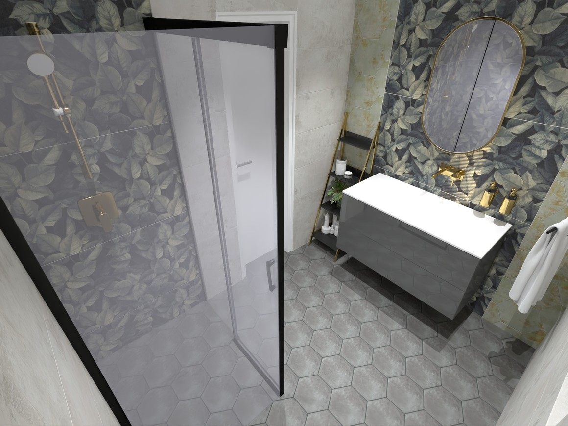 3D návrh malé moderní koupelny s výraznými obklady
