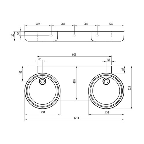 Ravak ARC - Dvojumyvadlo ARC-120, 120x52 cm, bez přepadu, bez otvorů pro baterie, bílá XJX01312002