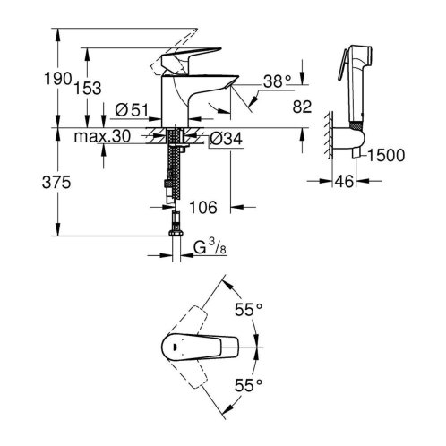 Grohe Start Edge - Umyvadlová baterie s bidetovou sprškou, chrom 23773001