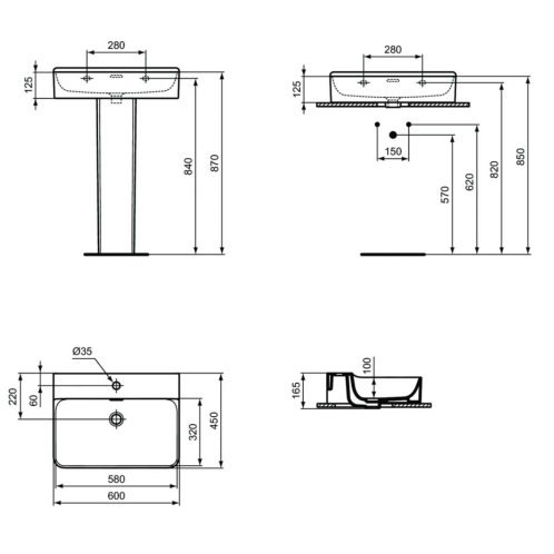 Ideal Standard Conca Ceram - Umyvadlo na desku 60x45 cm, s přepadem, otvor pro baterii, bílá T381801