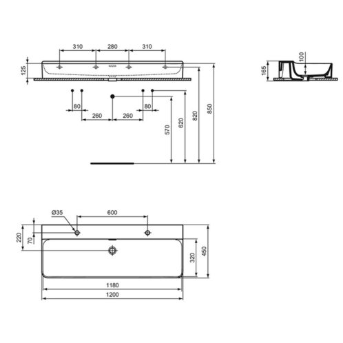 Ideal Standard Conca Ceram - Dvojumyvadlo na desku 120x45 cm, s přepadem, otvory pro baterie, bílá T383901