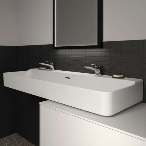 Ideal Standard Conca Ceram - Dvojumyvadlo na desku 120x45 cm, s přepadem, otvory pro baterie, bílá T383901