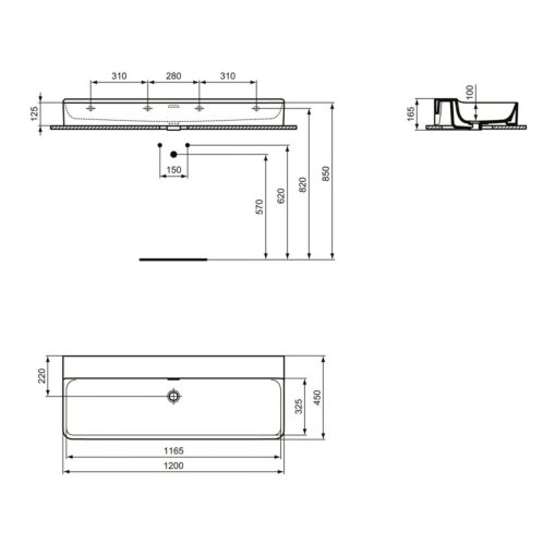 Ideal Standard Conca Ceram - Dvojumyvadlo na desku 120x45 cm, s přepadem, bez otvoru pro baterie, bílá T384101