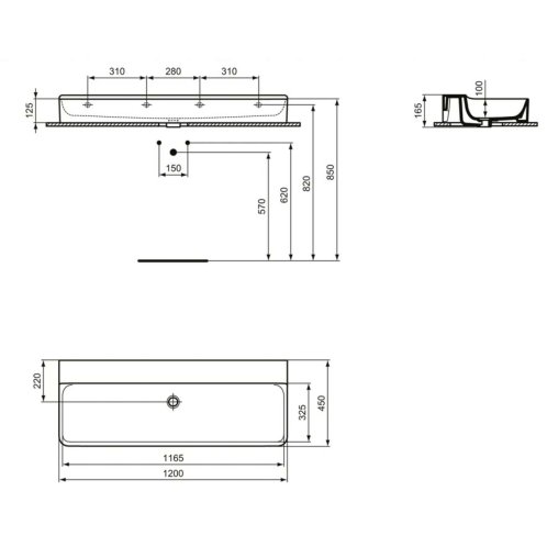 Ideal Standard Conca Ceram - Dvojumyvadlo na desku 120x45 cm, bez přepadu, bez otvoru pro baterie, bílá T384501