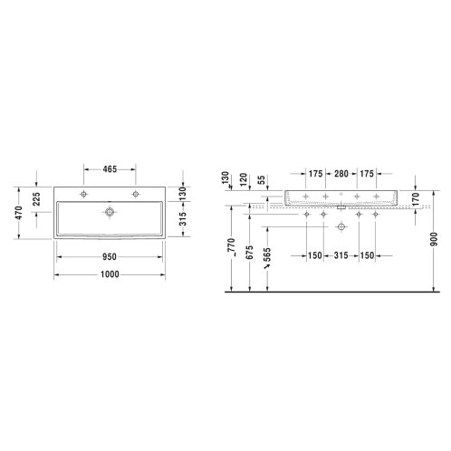 Duravit Vero Air - Dvojumyvadlo nábytkové 100x47 cm, bez přepadu, s otvory pro baterie, bílá 2350100072