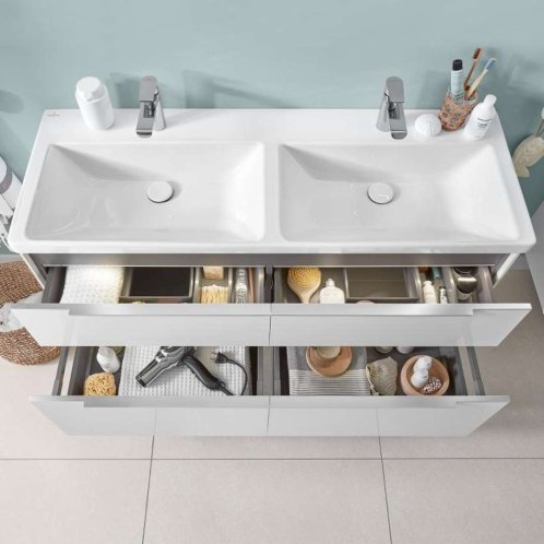 Villeroy & Boch Subway 3.0 - Dvojumyvadlo nábytkové 130x47 cm, bez přepadu, otvory pro baterie, alpská bílá 4A71D101