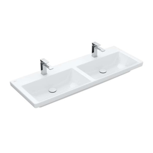 Villeroy & Boch Subway 3.0 - Dvojumyvadlo nábytkové 130x47 cm, bez přepadu, otvory pro baterie, alpská bílá 4A71D101