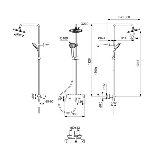 Ideal Standard Cerafine O - Sprchový set s baterií, průměr 20 cm, 1 proud, černá BC750XG