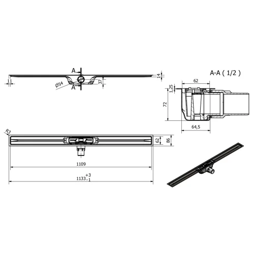 I-Drain Linear 72 - Nerezový sprchový žlab PRO SS Linear, délka 110 cm, s hydroizolací IP5M11001X1
