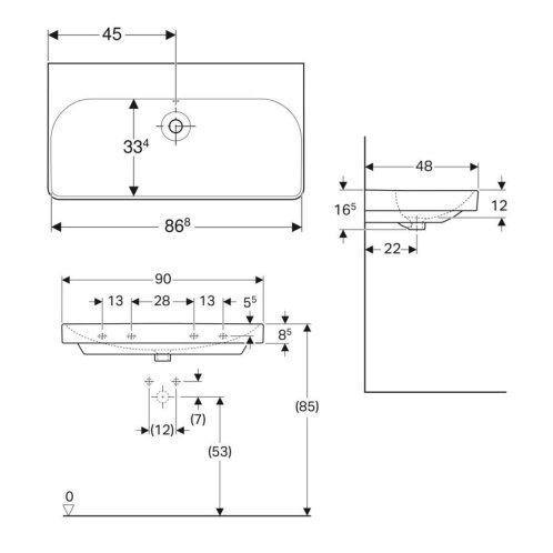 Geberit Smyle Square - Umyvadlo 90x48 cm, s přepadem, bez otvoru pro baterii, bílá 500.250.01.1