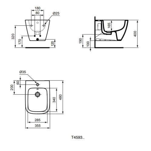 Ideal Standard i.Life S - Závěsný bidet, 355x480 mm, s přepadem, otvor pro baterii, bílá T459301