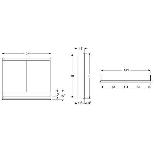 Geberit ONE - Zrcadlová skříňka s LED osvětlením, 105x90x15 cm, 2 dvířka, s nikou, vestavná, hliník 505.824.00.1