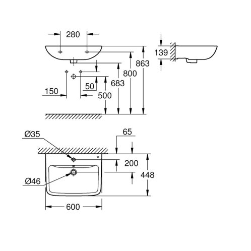 Grohe Start Edge - Umyvadlo 60x45 cm, s přepadem, otvor pro baterii, alpská bílá 39950000
