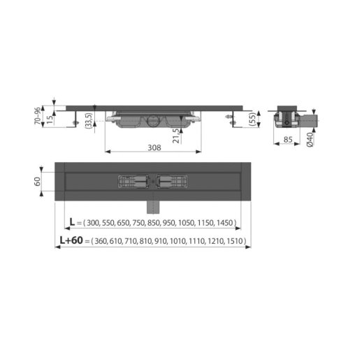 Alca - Sprchový žlab 85 cm, s okrajem pro perforovaný rošt, černá mat APZ101BLACK-850
