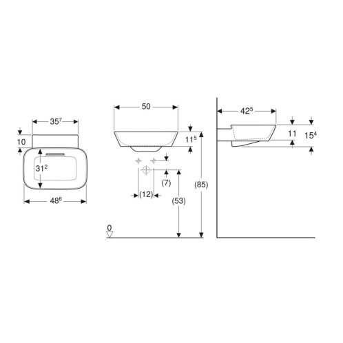 Geberit ONE - Umyvadlo na desku 50x43x15 cm, skrytý přepad, bez otvoru pro baterii, vodorovný odtok, matná bílá 505.052.00.1