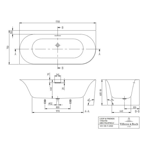 Villeroy & Boch Loop&Friends - Vana 170x75 cm, levá, alpská bílá UBA170LOF9CL00V-01