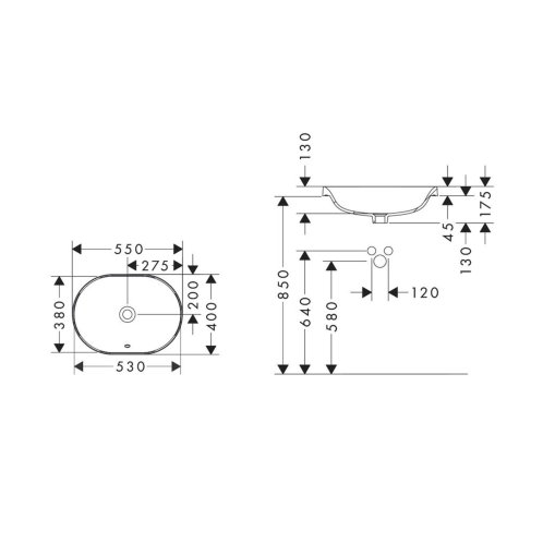 Hansgrohe Xuniva U - Umyvadlo, 55x40 cm, s přepadem, bez otvoru pro baterii, bílá 60157450