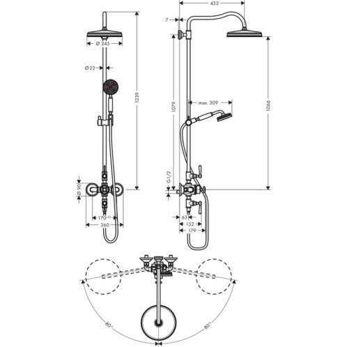 Axor Montreux - Showerpipe s termostatickou baterií a horní sprchou 1jet, kartáčovaný nikl 16572820