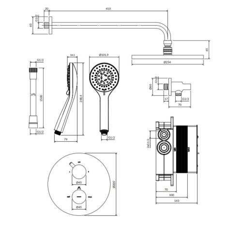 OMNIRES Y - Sprchový set s termostatem pod omítku, s tělesem, průměr 25 cm, 5 proudů, zlatá SYSYT05GL