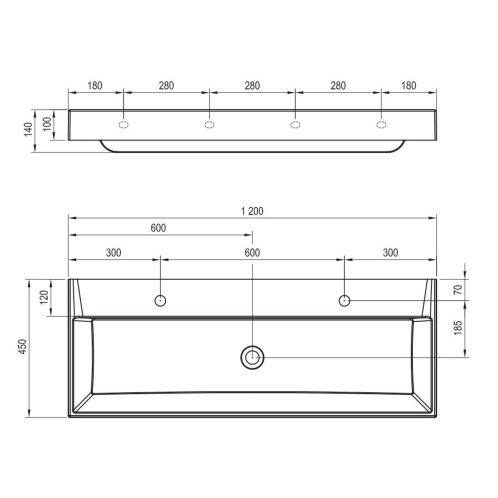 Ravak Natural - Dvojumyvadlo Duo, 120x45 cm, bez přepadu, otvory pro baterie, bílá XJO01212000