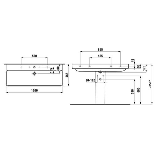 Laufen Pro S - Umyvadlo, 120x47 cm, 3 otvory pro baterii, bílá H8149650001081