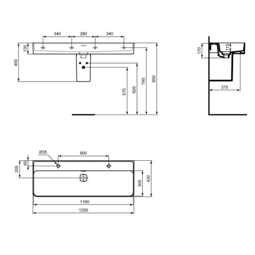 Ideal Standard Strada II - Umyvadlo 120x43 cm, 2 otvory pro baterii, bílá T364801