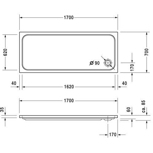 Duravit D-Code - Sprchová vanička 170x70 cm, Antislip, alpská bílá 720096000000001