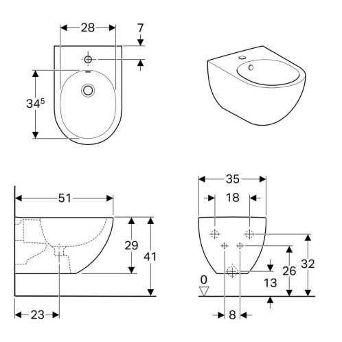 Geberit Acanto - Závěsný bidet 510x350x290 mm, s KeraTect, bílá 500.601.01.8