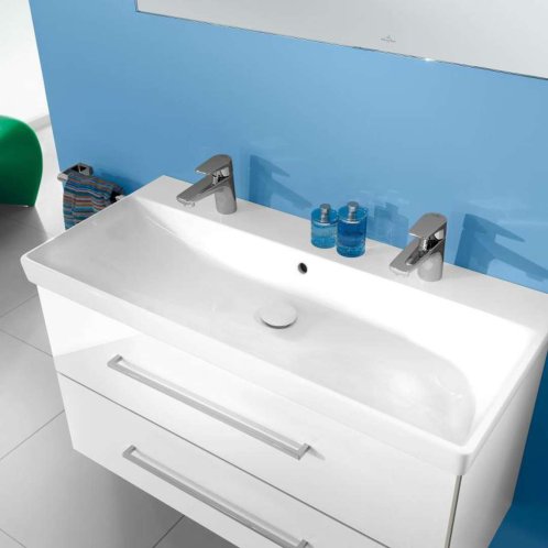 Villeroy & Boch Avento - Dvojumyvadlo nábytkové 100x47 cm, s přepadem, otvory pro baterie, CeramicPlus, alpská bílá 4156A4R1