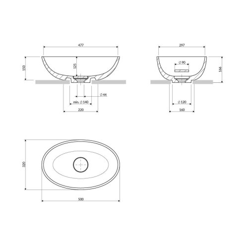 OMNIRES Shell M+ - Umyvadlo na desku 50x32 cm, bez přepadu, bez otvoru pro baterii, matná šedá SHELL500UNAG