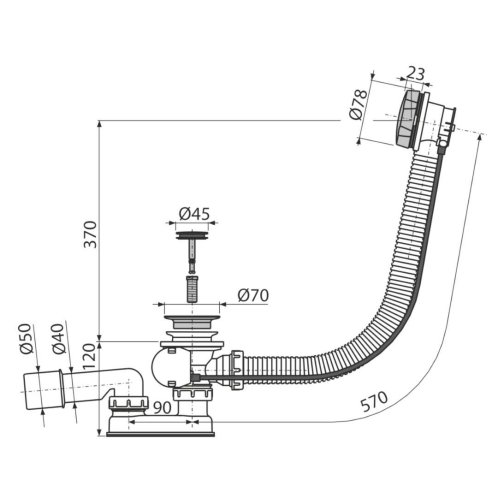 Alca - Vanová odtoková a přepadová souprava, délka 570 mm, matný kartáčovaný nikl A55K-N-B