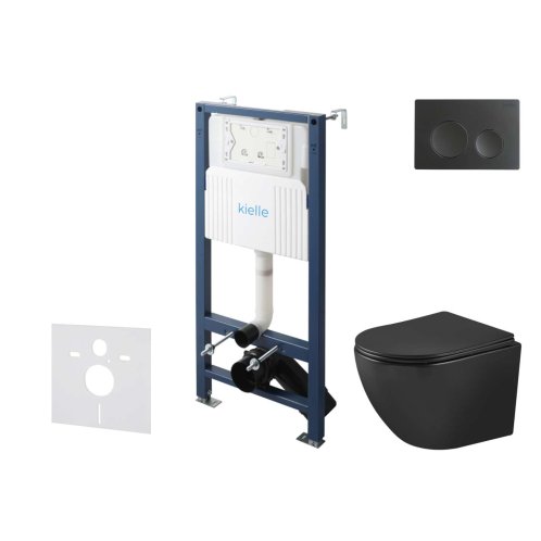 kielle Genesis New - Set předstěnové instalace, klozetu Oudee, Vortex Rimless+, sedátka softclose a tlačítka Gemini New I, matná černá 30528SS91