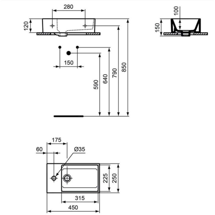 Ideal Standard Extra - Umývátko 45x25 cm, s přepadem, otvor pro baterii vlevo, bílá T373301
