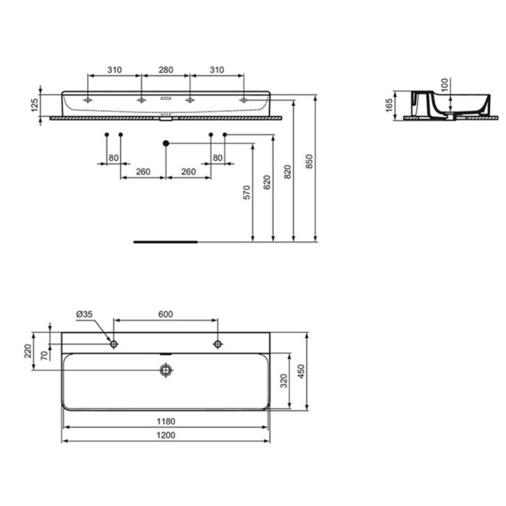 Ideal Standard Conca Ceram - Dvojumyvadlo na desku 120x45 cm, s přepadem, otvory pro baterie, bílá T383901