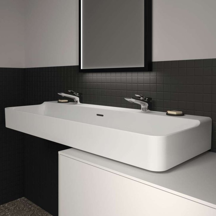 Ideal Standard Conca Ceram - Dvojumyvadlo na desku 120x45 cm, s přepadem, otvory pro baterie, bílá T383901
