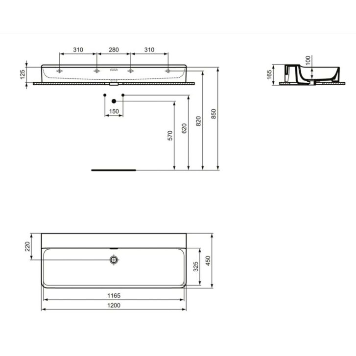Ideal Standard Conca Ceram - Dvojumyvadlo na desku 120x45 cm, s přepadem, bez otvoru pro baterie, bílá T384101