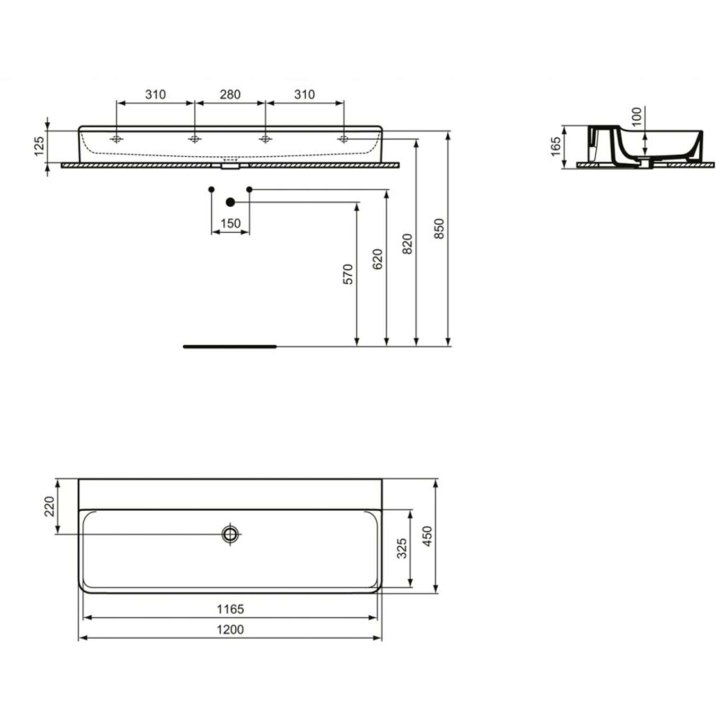 Ideal Standard Conca Ceram - Dvojumyvadlo na desku 120x45 cm, bez přepadu, bez otvoru pro baterie, bílá T384501