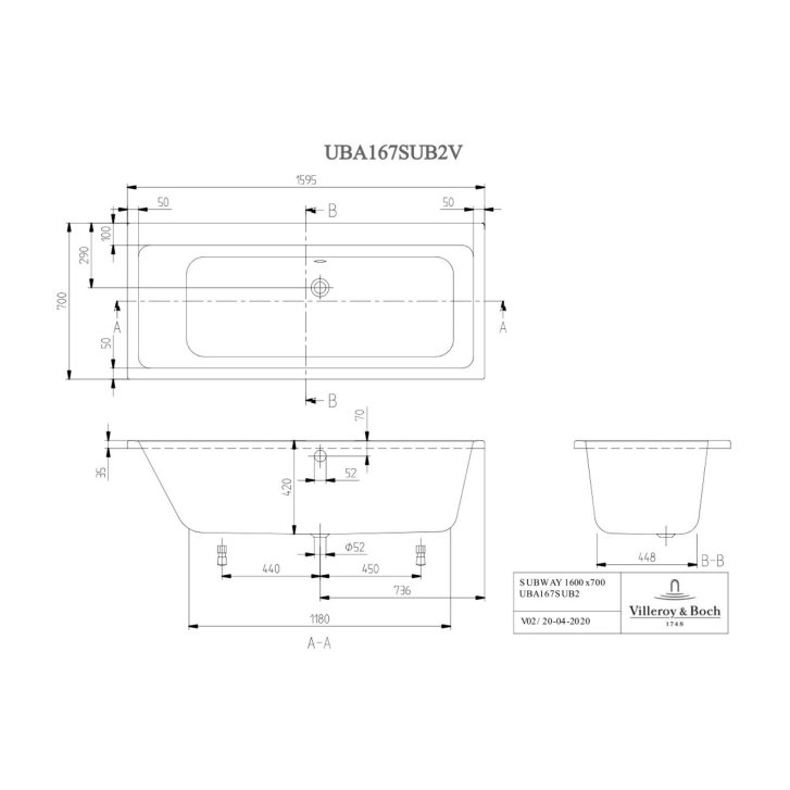 Villeroy & Boch Subway - Vana Duo, 160x70 cm, alpská bílá UBA167SUB2V-01