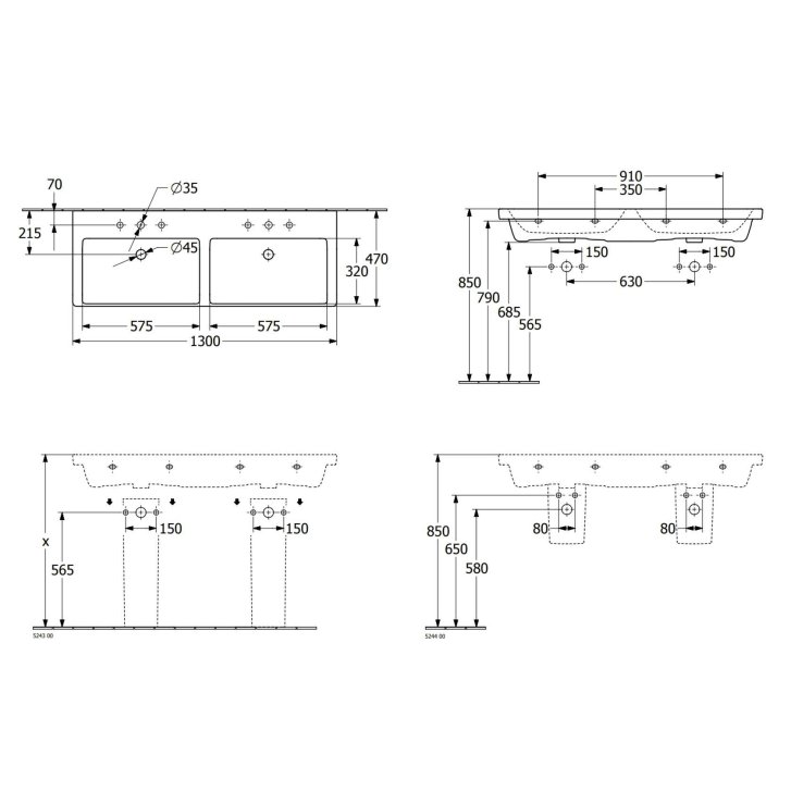 Villeroy & Boch Subway 3.0 - Dvojumyvadlo nábytkové 130x47 cm, bez přepadu, otvory pro baterie, alpská bílá 4A71D101