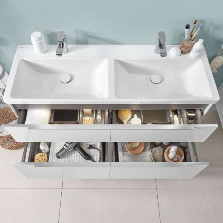 Villeroy & Boch Subway 3.0 - Dvojumyvadlo nábytkové 130x47 cm, bez přepadu, otvory pro baterie, alpská bílá 4A71D101