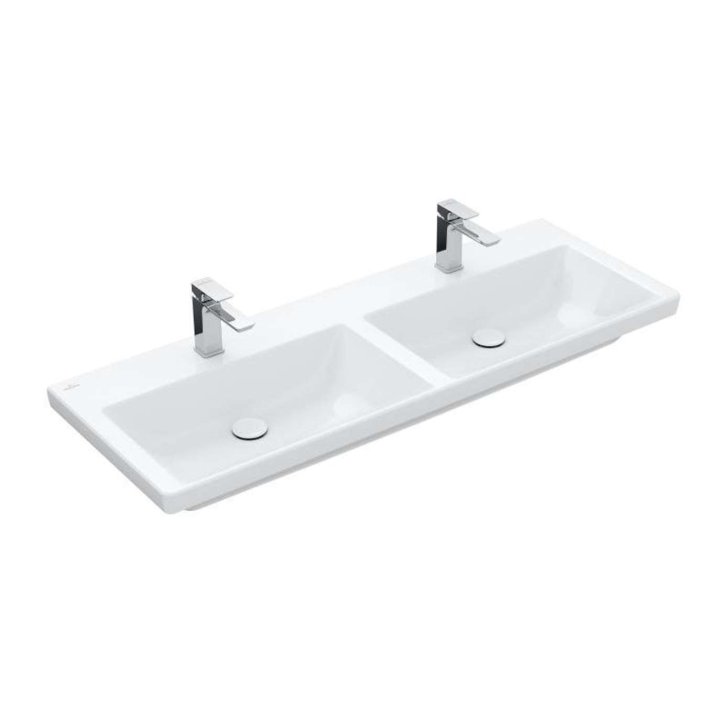 Villeroy & Boch Subway 3.0 - Dvojumyvadlo nábytkové 130x47 cm, bez přepadu, otvory pro baterie, alpská bílá 4A71D101
