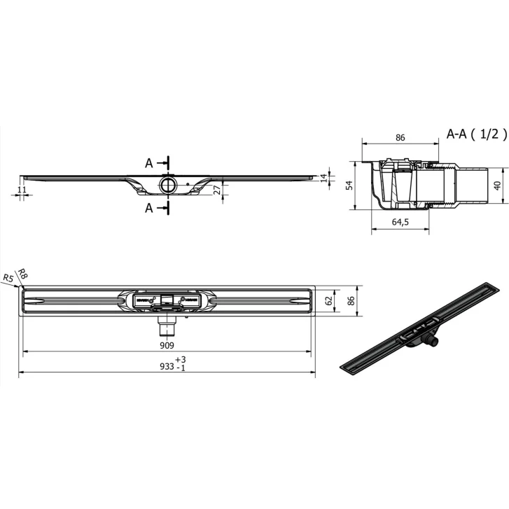 I-Drain Linear 54 - Nerezový sprchový žlab PRO SS Linear, délka 90 cm, s hydroizolací IP4M09001X1