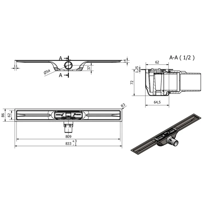 I-Drain Linear 72 - Nerezový sprchový žlab PRO SS Linear, délka 80 cm, s hydroizolací IP5M08001X1