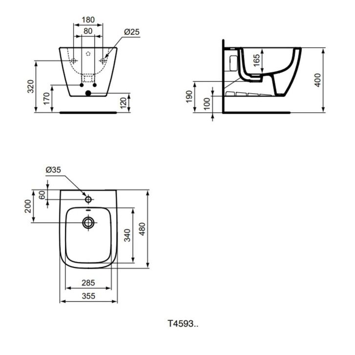 Ideal Standard i.Life S - Závěsný bidet, 355x480 mm, s přepadem, otvor pro baterii, bílá T459301