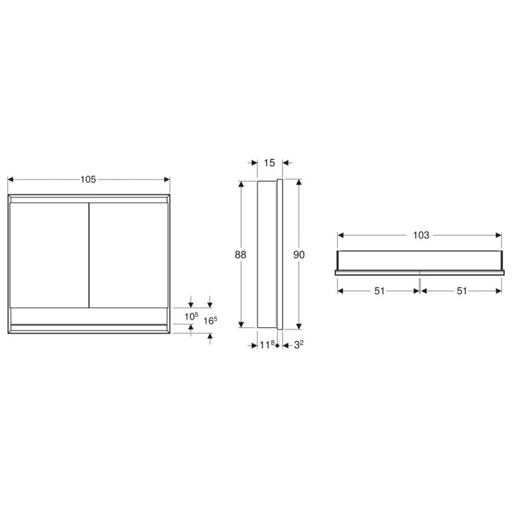 Geberit ONE - Zrcadlová skříňka s LED osvětlením, 105x90x15 cm, 2 dvířka, s nikou, vestavná, hliník 505.824.00.1
