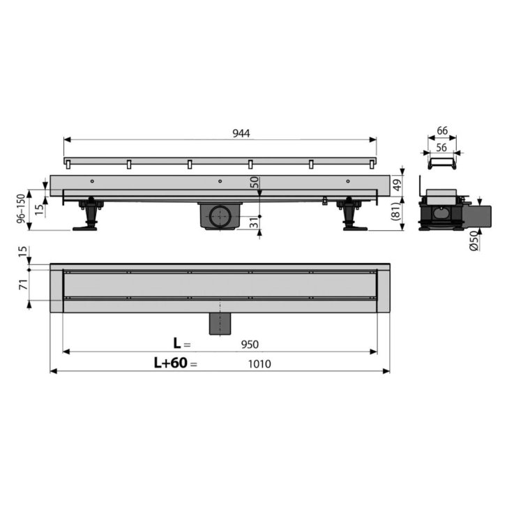 Alca - Sprchový žlab Fit and Go Wall 95 cm, včetně roštu, nerez APZ23-DOUBLE9-950