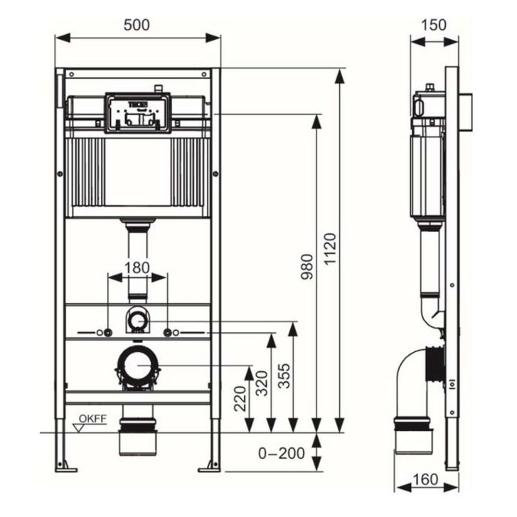 Tece TECEbase - Předstěnová instalace pro závěsné WC, s nádržkou Base, včetně tlačítka, stavební výška 1,12 m 9400400